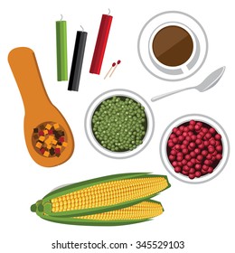 Bird's eye view of holiday Kwanzaa items including candles, corn, peas, cranberries and squash. EPS 10 vector Royalty free illustration.