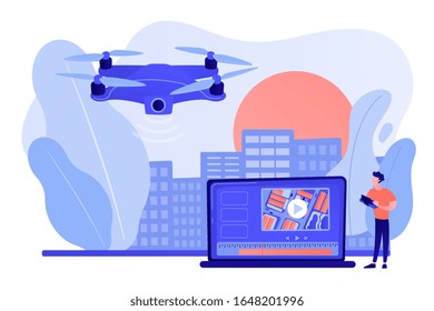 Birds eye view position. Live streaming droning, flight. Aerial videography, professional aerial video, drone inspection service concept. Pinkish coral bluevector isolated illustration