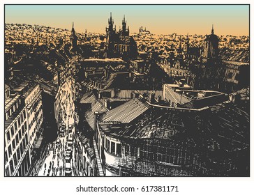 Birds eye view of Prague. Black and white illustration in dark key. Pen and ink drawing.