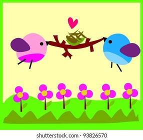 birds family bird mom and bird father pick the branch and make nest