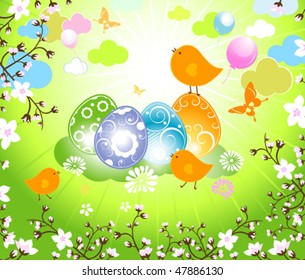 birds family in a blossom garden