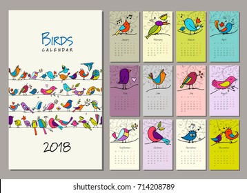 Birds family, calendar 2018 design Vector illustration