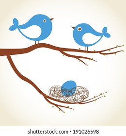 Birds family - father, mother and egg in the nest. Vector illustration.