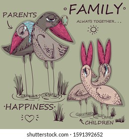 Birds. A family of birds, parents and children. Kind family hand-drawn vector illustration.
Image of birds standing in the water. Text written by hand.