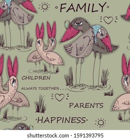 Birds. A family of birds, parents and children. Kind family hand-drawn vector illustration.
Image of birds standing in the water. Text written by hand.
Seamless pattern