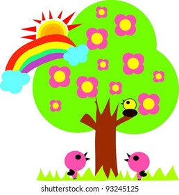 birds family rainbow sunshine and flower tree