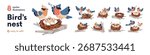 Birds family set. Nesting, building twig house, singing spring songs, feeding with worm and caring for chicks, brood, nurturing offsprings. Flat vector illustration isolated on white background