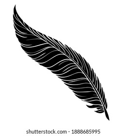 Bird's feather close-up. Black silhouette on a white background. Material for Photoshop, printing on paper or fabric. Vector graphics.