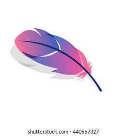 Bird's feather isolated flat color illustration. Pink and purple.