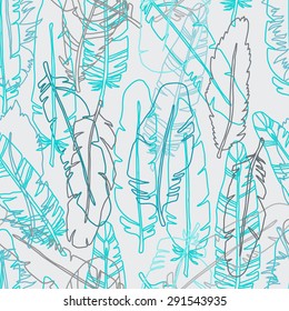 Birds feathers blue seamless pattern. Repeating background texture, natural print. Fabric design, wallpaper 