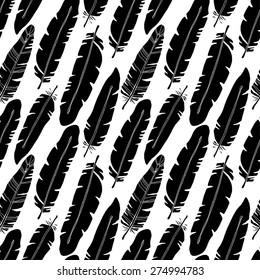 Birds feathers boho seamless pattern in black and white. Tribal art ethnic silhouettes background texture, monochrome. Clothing design, wallpaper, wrapping