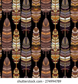 Birds feathers boho seamless pattern. Tribal art ethnic repeating background texture, vintage style, coffee colors. Clothing design, wallpaper, wrapping