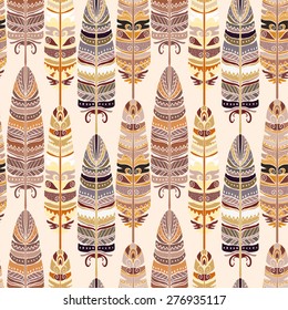 Birds feathers boho seamless pattern. Tribal art ethnic repeating background texture, retro style, coffee colors. Clothing design, wallpaper, wrapping