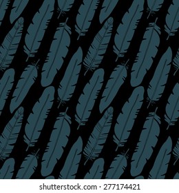 Birds feathers boho seamless pattern in black and blue. Tribal art ethnic silhouettes background texture, dark colors. Clothing design, wallpaper, wrapping