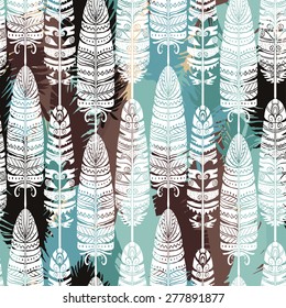 Birds feathers boho seamless pattern. Tribal art ethnic repeating background texture. Clothing design, wallpaper, wrapping