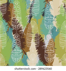 Birds feathers colorful seamless pattern. Repeating boho background texture, natural print. Fabric design, wallpaper 