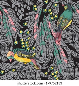 Birds with feathers and flowers. Seamless Background. Hand drawn vector illustration. Seamless pattern can be used for wallpaper, pattern fills, web page background, surface textures