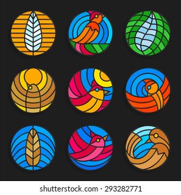 Birds and feathers icons in stained glass style. Round shape. Stock vector illustration.