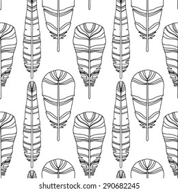 Birds feathers seamless pattern in black and white. Repeating background texture, natural print. Fabric design, wallpaper 