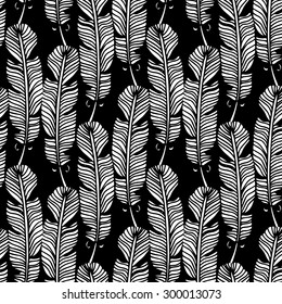 Birds feathers seamless pattern in black and white. Repeating background texture, natural print. Fabric design, wallpaper 