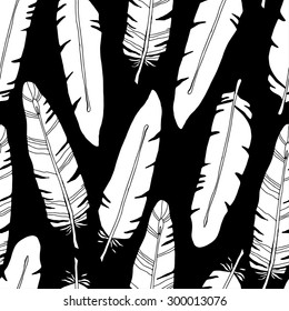 Birds feathers seamless pattern in black and white. Repeating background texture, natural print. Fabric design, wallpaper 