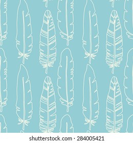 Birds feathers seamless pattern in blue and white. Tribal art ethnic background texture. Cloth design, wallpaper, wrapping