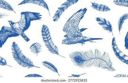 Birds and feathers seamless pattern. Common kestrel and osprey. Blue hand drawn engraved banner for textile wallpaper and web usage. Natural traditional drawing with hatching
