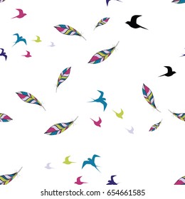 Birds and feathers seamless texture pattern, vector illustration