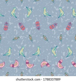 Birds and Feathers with textured background colorful seamless pattern vector illustration for fabric, textile, stationary etc.