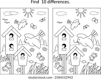 Birds feed their nestlings in birdhouses find the differences picture puzzle and coloring page
