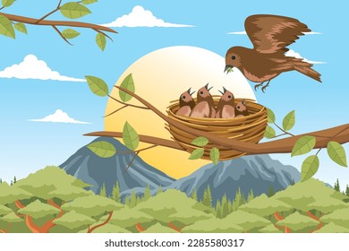 Birds Feeding Worm to Chicks in the Nest. Bird feed baby with nature background