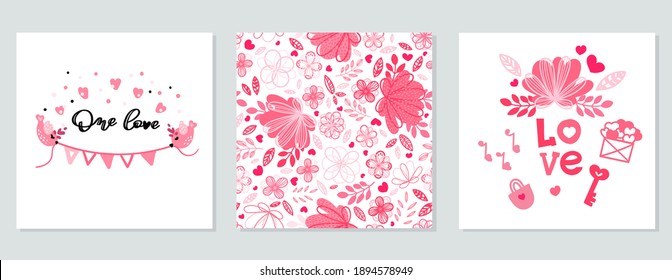 Birds with a festive ribbon, a floral seamless pattern and a set of love-themed items. Valentine's day or wedding card set