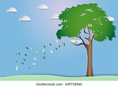 Birds and Field abstract nature background, paper art style illustration