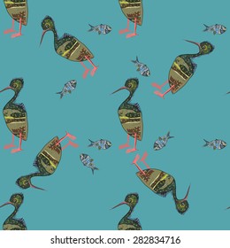 Birds and fish on a blue background.Seamless.