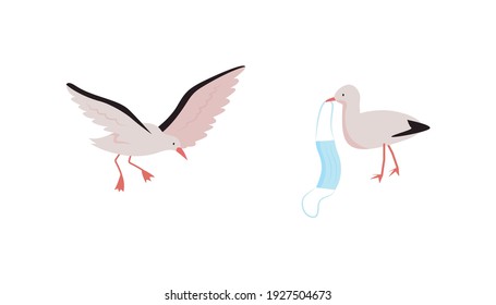 Birds flat color vector character set. Corona virus infection results. Pandemia environment pollution. Fighting eco disasters isolated cartoon illustration for web graphic design and animation pack