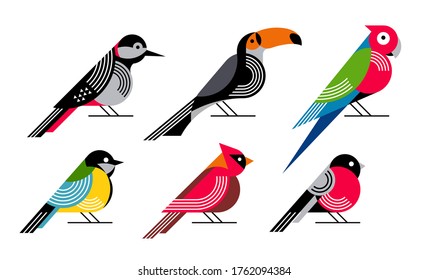 Birds flat vector illustration set. Geometry style woodpecker, toucan, parrot, blue tit, cardinal, bullfinch.