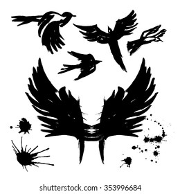 The birds in flight. Calligraphic brushwork set. Black silhouette.Vector template to create a collage, a tattoo, cards .Template for creating compositions in the style of grunge.
