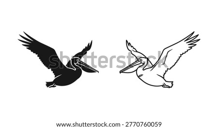 Birds in Flight: Elegant Black Crow and Graceful Pelican Art Vector