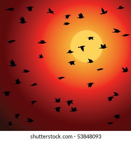 Birds flock against sunset. Vector Illustration.