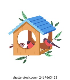 Birds flock eating in birdfeeder 2D cartoon illustration. Wooden feeder with snacks for avian creatures flat line vector image on white