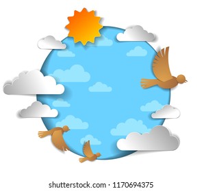 Birds flock flying among beautiful clouds and sun in the sky, summer ease and peaceful feeling, vector illustration in paper cut kids style.