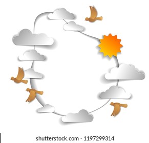 Birds flock flying among beautiful clouds and sun in the sky, background or frame with copy space for text, summer ease and peaceful feeling, vector illustration in paper cut kids style.