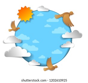 Birds flock flying among beautiful clouds and sun in the sky, summer ease and peaceful feeling, vector illustration in paper cut kids style.