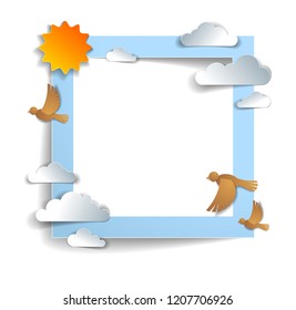 Birds flock flying among beautiful clouds and sun in the sky, background or frame with copy space for text, summer ease and peaceful feeling, vector illustration in paper cut kids style.