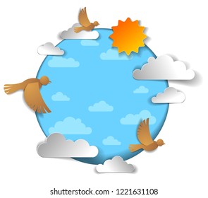 Birds flock flying among beautiful clouds and sun in the sky, summer ease and peaceful feeling, vector illustration in paper cut kids style.