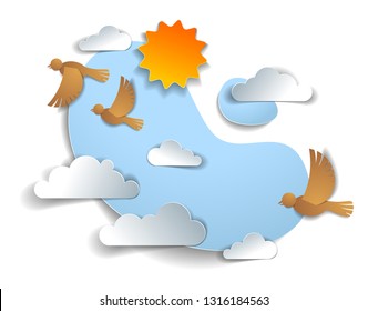 Birds flock flying among beautiful clouds and sun in the sky, summer ease and peaceful feeling, vector illustration in paper cut kids style.
