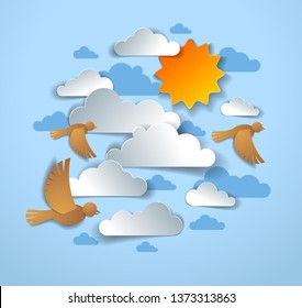 Birds flock flying among beautiful clouds and sun in the sky, summer ease and peaceful feeling, vector illustration in paper cut kids style.