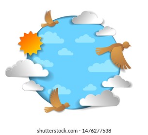 Birds flock flying among beautiful clouds and sun in the sky, summer ease and peaceful feeling, vector illustration in paper cut kids style.
