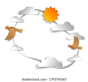 Birds flock flying among beautiful clouds and sun in the sky, background or frame with copy space for text, summer ease and peaceful feeling, vector illustration in paper cut kids style.