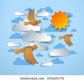 Birds flock flying among beautiful clouds and sun in the sky, summer ease and peaceful feeling, vector illustration in paper cut kids style.